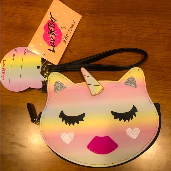 Betsey Johnson Pastel Faux Leather Unicorn Cat Zip Around Wristlet NWT - Picture 4 of 8
